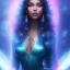 Placeholder: beautiful woman with long hair and smile look the stars and northern aurora blue turquoise lights, blue, pink,