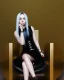 Placeholder: Billie Eilish, sitting on a chair, Black Short Dress, high detail, realistic