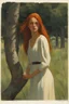 Placeholder: full body and headshot of a skinny young woman, with long straight red hair, standing in an open field, surrounded by trees, Frank Franzetta