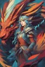 Placeholder: A dragon mixed with a mythical lion and a human female elf.Dramatic and powerful look and feel. Extensive attention to details. Bold lines. Vivid colors. 80s style retro anime art. Double exposure.