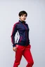 Placeholder: A full-body shot of a beautiful iranian lady wearing sports suit red bluose ,red pants ,short hair