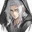 Placeholder: A stunningly detailed (((headshot portrait))), capturing the essence of a young man in his 20s with silver hair and piercing gray eyes, exuding a sense of confidence and protection, anime realism style