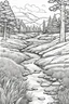 Placeholder: coloring page, creek through a meadow, cartoon style, thick lines, low detail, no shading