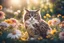 Placeholder: antropomorph cat owl in a flowergarden in sunshine, ethereal, cinematic postprocessing