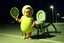 Placeholder: unsettling eerie and sinister, pouting caucasian baby in a tennis ball costume waving a tennis racquet, giant anthropomorphic spider-legged toilet creature in a parking lot at night, cctv, found footage, glitchy vcr textures, horizontal static corruption