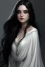 Placeholder: a 16 year old woman, white skin, long wawy black hair, beautiful face, black eyes, in a white dress, realistic epic fantasy style