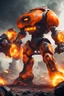 Placeholder: orange futuristic juggernaut with dual plasma battle axe and 4 plasma canon in the back, fighting in brutal battlefield