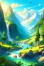 Placeholder: Vast forests with some rivers, waterfalls, animals and birds, bright sun, high mountains with some climbers