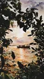 Placeholder: watercolor painting of a boat through foliage, pen line sketch and watercolor painting ,Inspired by the works of Daniel F. Gerhartz, with a fine art aesthetic and a highly detailed, realistic style