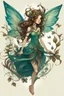 Placeholder: Forest fairy with iridesand teal wings and a cute short leaf dress and pointed ears and multiple vine earings and ear cuffs flying through a mythical forestand brown wavy hair trailing her