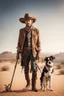 Placeholder: Full body cowboy in a desert with a dog and fancy walking stick