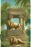 Placeholder: tropical jungle and animals ancient ruins, lion