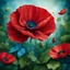 Placeholder: Create big red poppy with green leaf and blue garden background