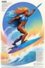 Placeholder: character concept sheet with AD&D statistics and characteristics, [illustration by Jeff Easley] the sunset rider character class: futuristic surfer using high-tech surfboards embedded with glowing blue and orange circuitry, have long hair flowing in a spectrum of pastel rainbow colors. powers: super glide, empathy with ocean elements, waves and swell summoning