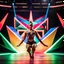 Placeholder: a picture of a gymnast lady show her performance on gymnast parallel in a modern stage made of 3d geometric recursive structures and dynamic color lights