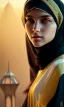 Placeholder: Arab teen girl , cute, beautiful, long hair, wavy hair, black eyes,She wears an Arab abaya، head and shoulders portrait, cinematic, 8k, resolution concept art portrait by Greg Rutkowski, Artgerm, WLOP, Alphonse Mucha dynamic lighting hyperdetailed intricately detailed