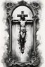 Placeholder: A realistic drawing in negative space black ink on white background of a crucifix in a mirror baroque with very defined and correct details and brushstrokes smoke around it