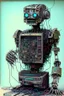 Placeholder: Artwork entitled "words violate guidelines"; depicts a robot composed of old computer and electronic parts starting back up and emitting vibration; lowbrow; old-school 1990's electronics; neo-surrealism.