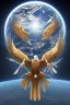 Placeholder: Eagle is flying in the space and is holding the earth in his claws. Surrealism.