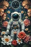 Placeholder: Bosch painting style, an astronaut surrounded by flowers with faces around him as protector