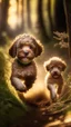 Placeholder: extreme close up photography of two cute puppy lagotto romagnolo happy dogs in a wood , running looking for truffles , in Tuscany Italy , photorealistic, backlight, 35mm lens