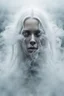 Placeholder: female face barely visible from very dense white smoke and fog, translucent form, ghost-like face, lots of white hair, lots of fog in the background, surreal style, cinematic, mystic