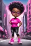 Placeholder: create an airbrush illustration of a chibi cartoon voluptuous black female. Wearing a hot pink t-shirt and tight black jeans with hot pink Nike sneakers. Prominent make up with hazel eyes and she is wearing pink glasses. Extremely Highly detail of a very low platinum shiny black pixie haircut. Background of a busy city street.
