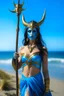 Placeholder: A picture of a beautiful "blue" faced indian goddess with skin painted blue, "blue painted body", blue painted torso, wild black hair, stag antlers, elven ears, golden skirt, holding a staff on a sunny beach