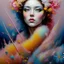 Placeholder: iv_a painting of a young woman, figurative art, an acrylic detailed painting, , brush strokes, paint drips and drabs and splatters by Harumi Hironaka, turquoise pink and yellow, james terrell art, trending on artstation, soft lines,intricate art by bastien lecouffe deharme and greg rutkowski