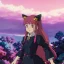 Placeholder: Attractive young teenage girl with golden red hair, who is dressed like a witch casting a spell holding a red heart gem, she has cat ears and open dazzling blue eyes, in the background there is a forest, black goth girl dress, full body portrait, arm colors gradient effect into stars, rendered, unity 3d, unreal engine, dslr, hdr, 4k, edited, photorealistic, normal number of appendages, freckles, artists render