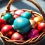 Placeholder: digital photograph of off-center modern basket colorful Easter eggs. eggs display intricate textures in azure, emerald, blush,red, crimson,gold, sapphire,metallic cinematic HDR backlighting highlights subtle dimples and glossy reflections, with shallow depth of field softening the sunlit background. hyperrealistic 8k resolution,