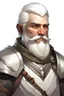 Placeholder: Generate me a male D&D character who is an assimar and in their late 30's wearing plate mail armor. They have silver hair and beard, along with smooth skin. The background should be a solid white color.