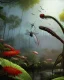 Placeholder: large venus fly trap with teeth eating a dragonfly, flowers, jungle, hyperrealistic, trees in background, digital art, alien like, disgusting, intricate, morbid, rainy, sinister, volumetric lighting, unreal engine, high resolution, 8k, depressing colors, dark colors, horror, horrific,