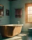 Placeholder: Bathroom scene, big hair monster into bath, Wes Anderson style, realistic photo, realistic image, concept art, smooth, unreal engine 5, god lights, ray tracing, RTX, lumen lighting, ultra detail, volumetric lighting, 3d.