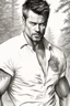 Placeholder: Portait Josh Duhamel as fantasy alpha male very muscular short cropped hair and rough beard, tribal tattoos wearing white button up shirt with rolled up sleeves realistic face, close-up, dark fantasy, fantasy forest, intricate details, hyper detailed, photograph