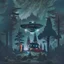 Placeholder: a dark forest with a house in the distance and a ufo in the sky, dark tones