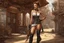 Placeholder: photorealistic exotic sci-fi steampunk slim pin-up girl in black shoes, in a futuristic sci-fi wild west town