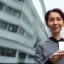 Placeholder: A short haired, female computer engineer taking a selfie in front of Building 92 at Microsoft