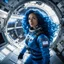 Placeholder: wide-angle photo of a woman in an electric blue spacesuit, with long glowing blue wavy hair, on a space station with views into space