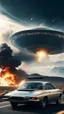 Placeholder: The image shows a photograph with a science fiction theme. Reflected in a side-view mirror, we see a car with passengers, driving on a desolate road. In the background, a large UFO hovers in the sky while multiple explosions erupt in the distance, sending up clouds of smoke and fire. The mirror's border frames this chaotic scene, juxtaposing a calm, seemingly oblivious drive with the dramatic events unfolding behind.