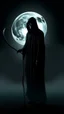 Placeholder: mysterious, hooded figure with a scythe, standing in a misty graveyard under a full moon. The figure should be shrouded in darkness, with only the eerie glow of their eyes and the blade of the scythe visible.