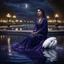 Placeholder: Hyper Realistic Photographic View Of A Beautiful Young Pashto Woman wearing navy-blue-embroidered-dress-with-purple-shawl Alone-happily-sitting on the surface of a fancy-water-fountain & a swan swimming on the surface of water at cloudy dark night showing dramatic & cinematic ambiance.