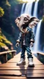 Placeholder: magazine cover, twisted hairy rock star alien gremlin elephant rapper with silver boots as a pimp on wooden bridge going down heavens waterfall,bokeh like f/0.8, tilt-shift lens 8k, high detail, smooth render, down-light, unreal engine, prize winning