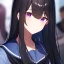 Placeholder: Clear focus,High resolution, Black long fluffy hair, long bangs, and purple eyes, Depressed girl, wearing a sailor uniform, cartoony style, extreme close up, winking