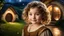 Placeholder: Little very young hobbit girl, beautiful, confident, calm, wise, happy, innocent, facing camera, head and shoulders, curly hair, hobbit clothing, perfect eyes, LOTR village, hobbit homes with circular windows and circular doors, night scene, stars, fireflies, 16k artistic photography, exquisite composition, photorealistic concept art, soft natural volumetric light, chiaroscuro, award-winning photograph, masterpiece, style William-Adolphe Bouguereau