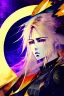 Placeholder: Explosive abstract collage style image of a beautiful anime warrior girl, beautiful blond hair and features, dramatic, pieces of cloth material, textured moon in background, bob wire, gothic surroundings, textures