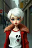 Placeholder: photorealistic impasto impressionist digital oil painting of a vintage styled cartoonish high Brats doll, white hair, fur red coat and white old t-shirt with mickey, ethereal, in the street,she has short hair like jean seberg