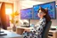 Placeholder: 3D video game character blue eyed brunette woman in leisure suit with cat pattern on it enthusiastically and cheerfully watching crypto charts on big monitors in a modern room in sunshine