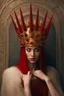 Placeholder: lady in red veils her face and has a large golden spiked crown, in the style of celestial fasion, otherworldly beauty, davide sorrenti, celestialpunk, album covers, fra angelico, aykut aydogdu, queencore, golden age aesthetics --s 750 --v 6. 0 --ar 10:13