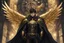 Placeholder: cyberpunk anime man with eyes wearing a cape of gold with black angel wings standing in a clock tower made of gold with cogs ticking